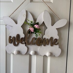 Hobby Lobby White Bunny Welcome Sign with Pink Flowers